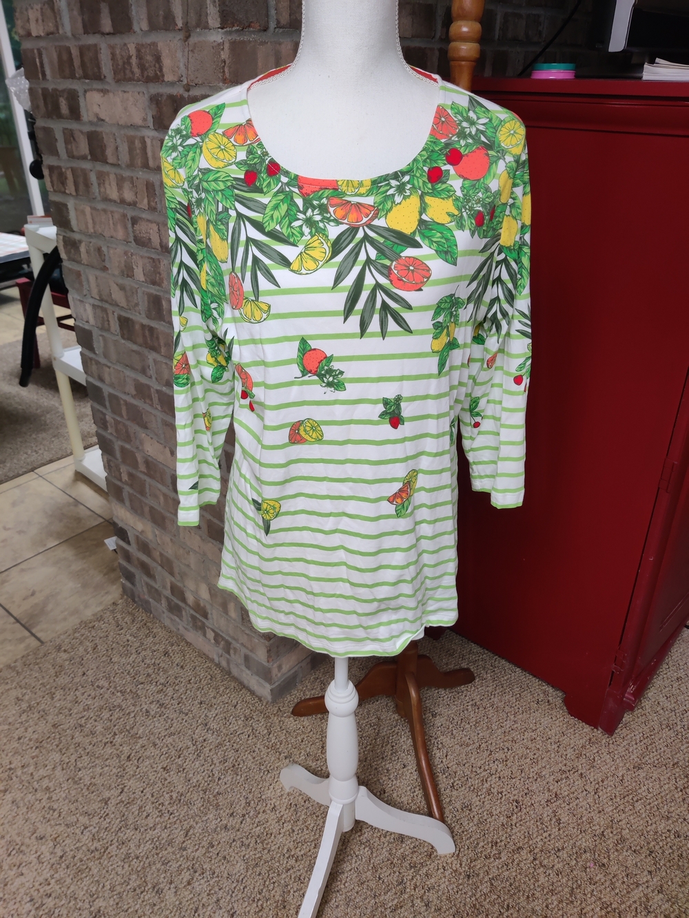 Appleseed's Green & White Striped Long Sleeve Tee with Citrus Print, Large